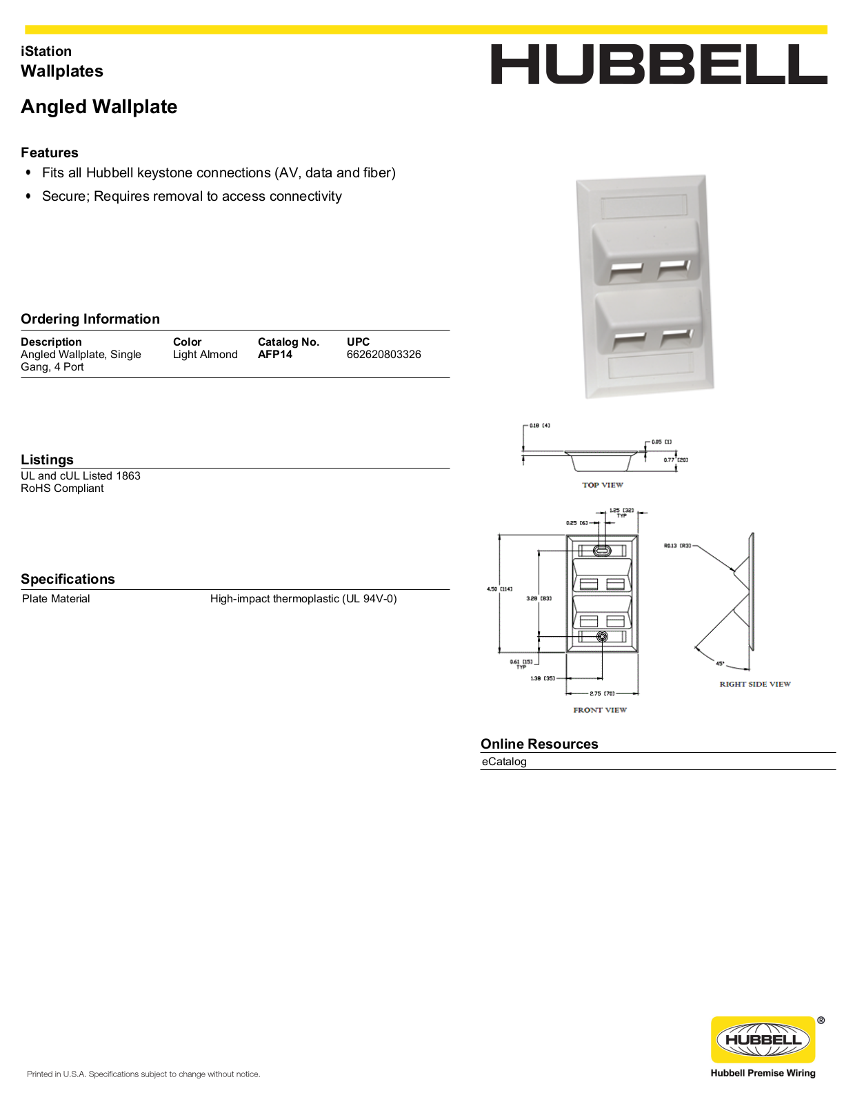 Hubbell AFP14 Specifications