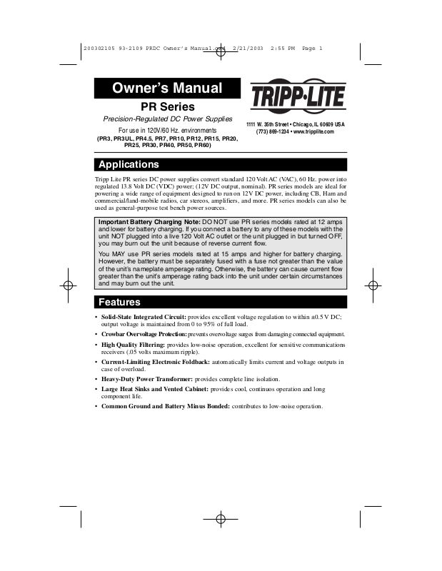 Tripp Lite PR4.5, PR20, PR 3, PR 15, PR 10 User Manual