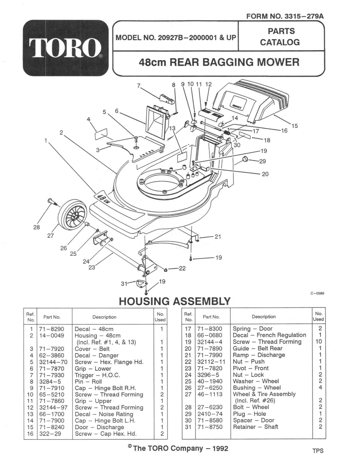 Toro 20927B Parts Catalogue