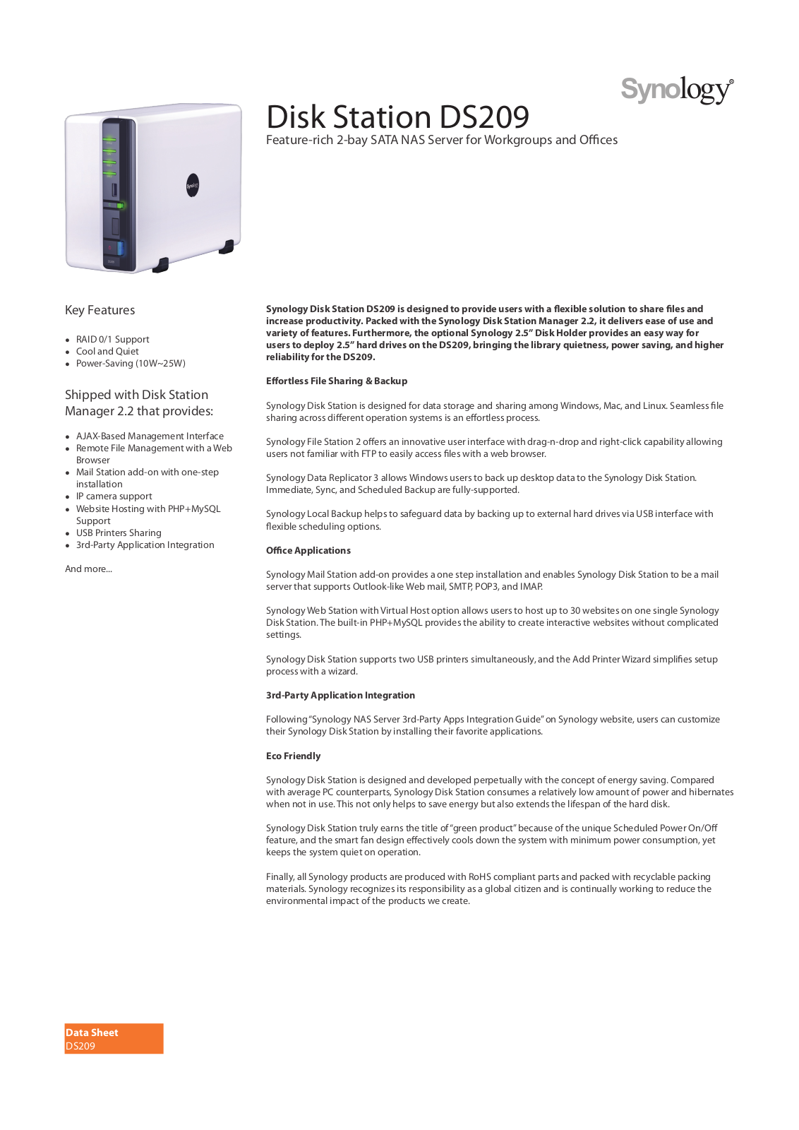 Synology Disk Station DS209 Brochure & Specs