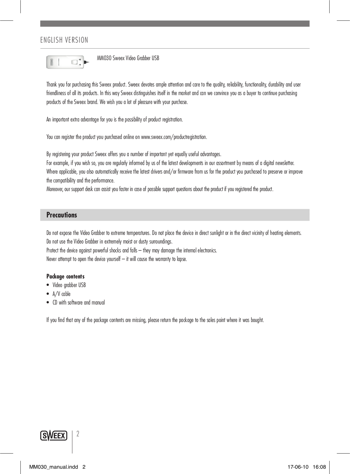 Sweex MM030 Quick start guide