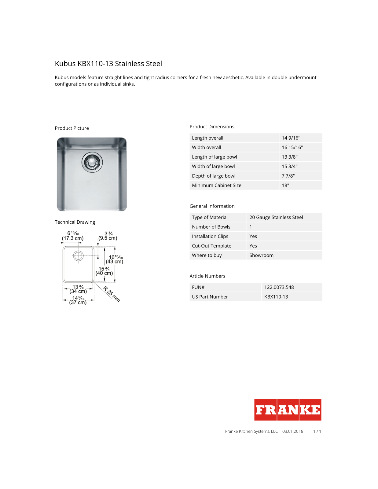 Franke KBX11013 Specs