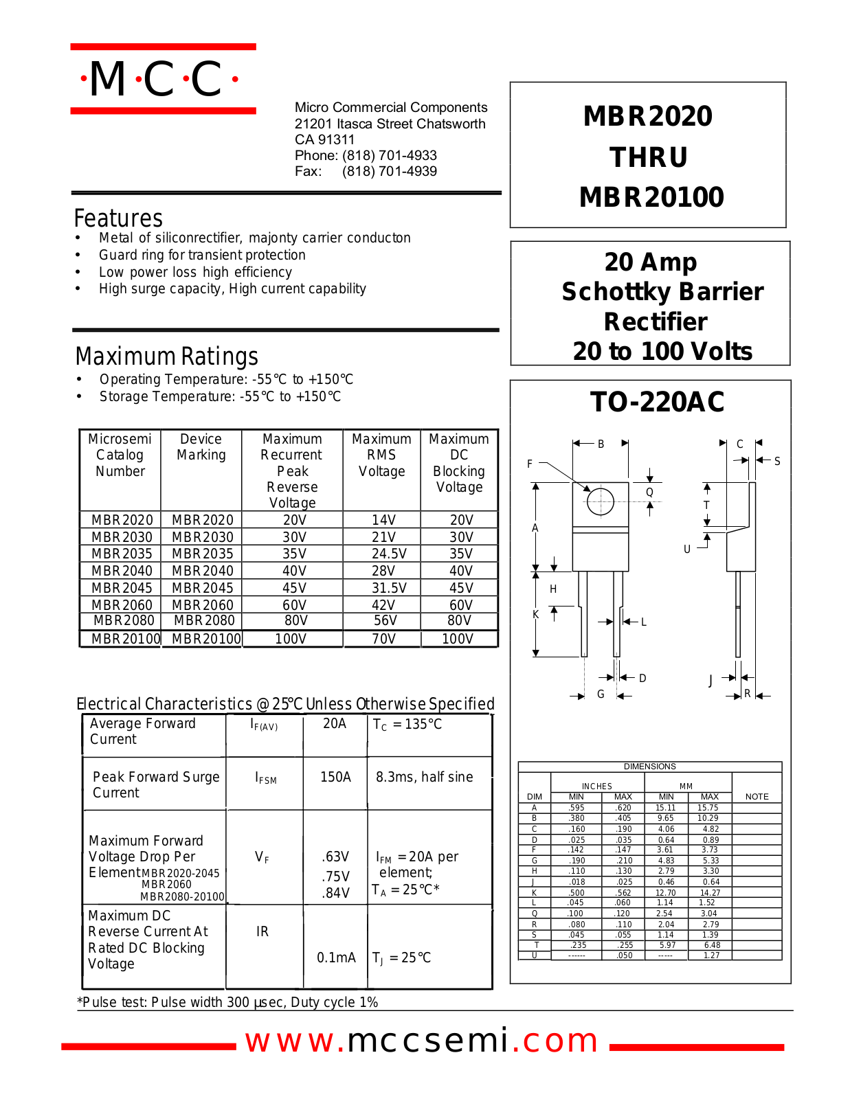 MCC MBR2020, MBR2030, MBR2040, MBR2035, MBR2045 Datasheet