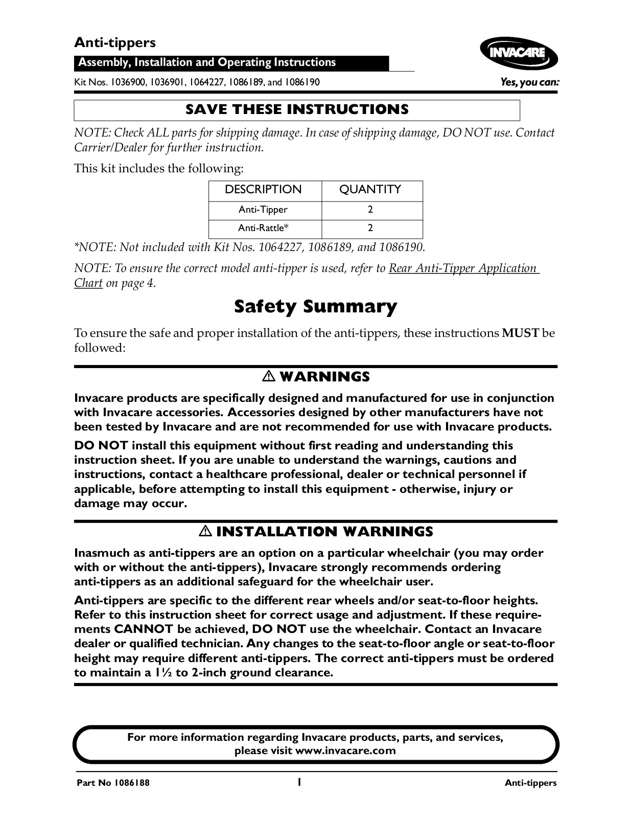 Invacare 1064227, 1036900, 1086190, 1086189, 1036901 User Manual