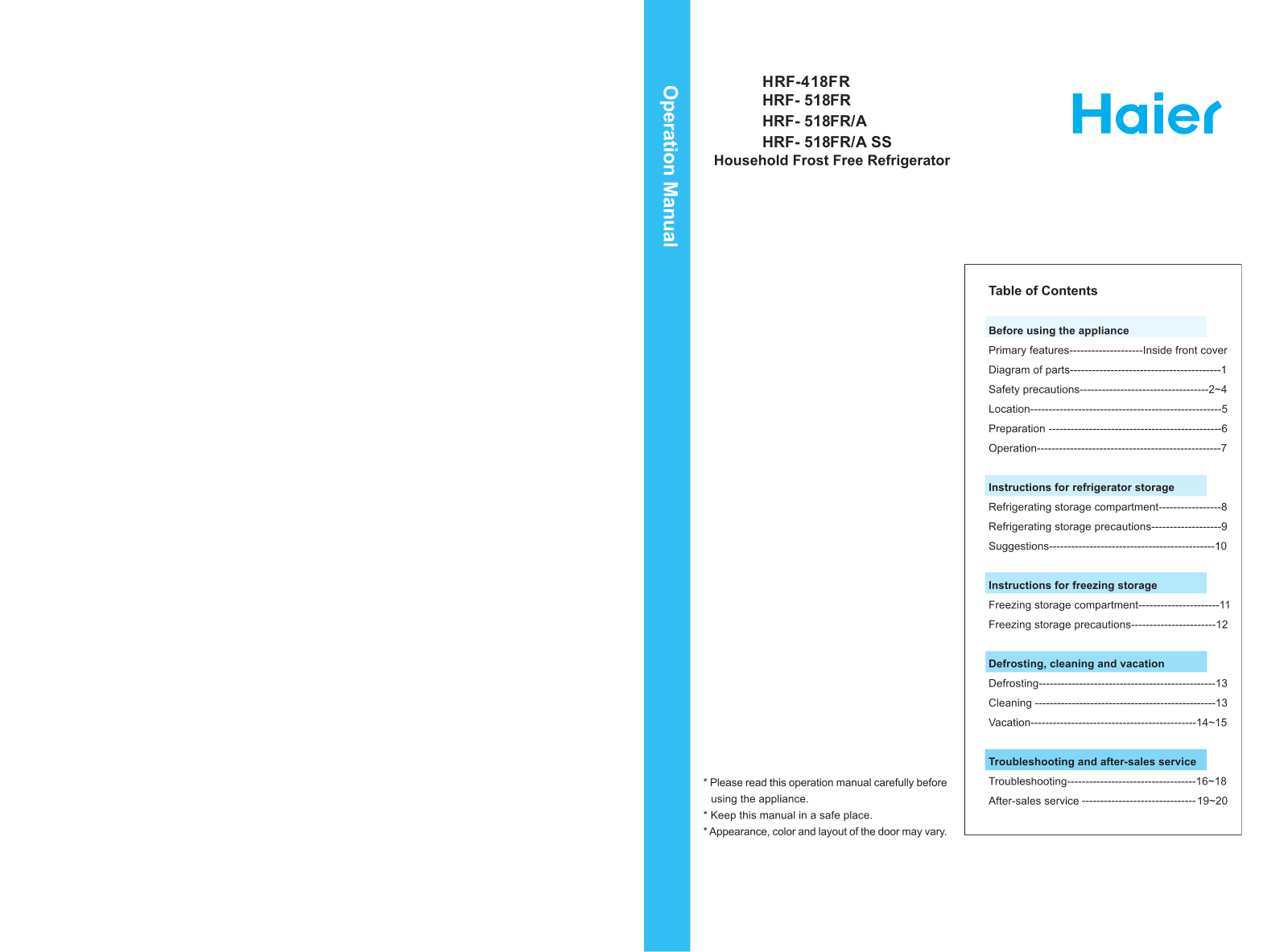 Haier HRF- 518FR, HRF-418FR User Manual