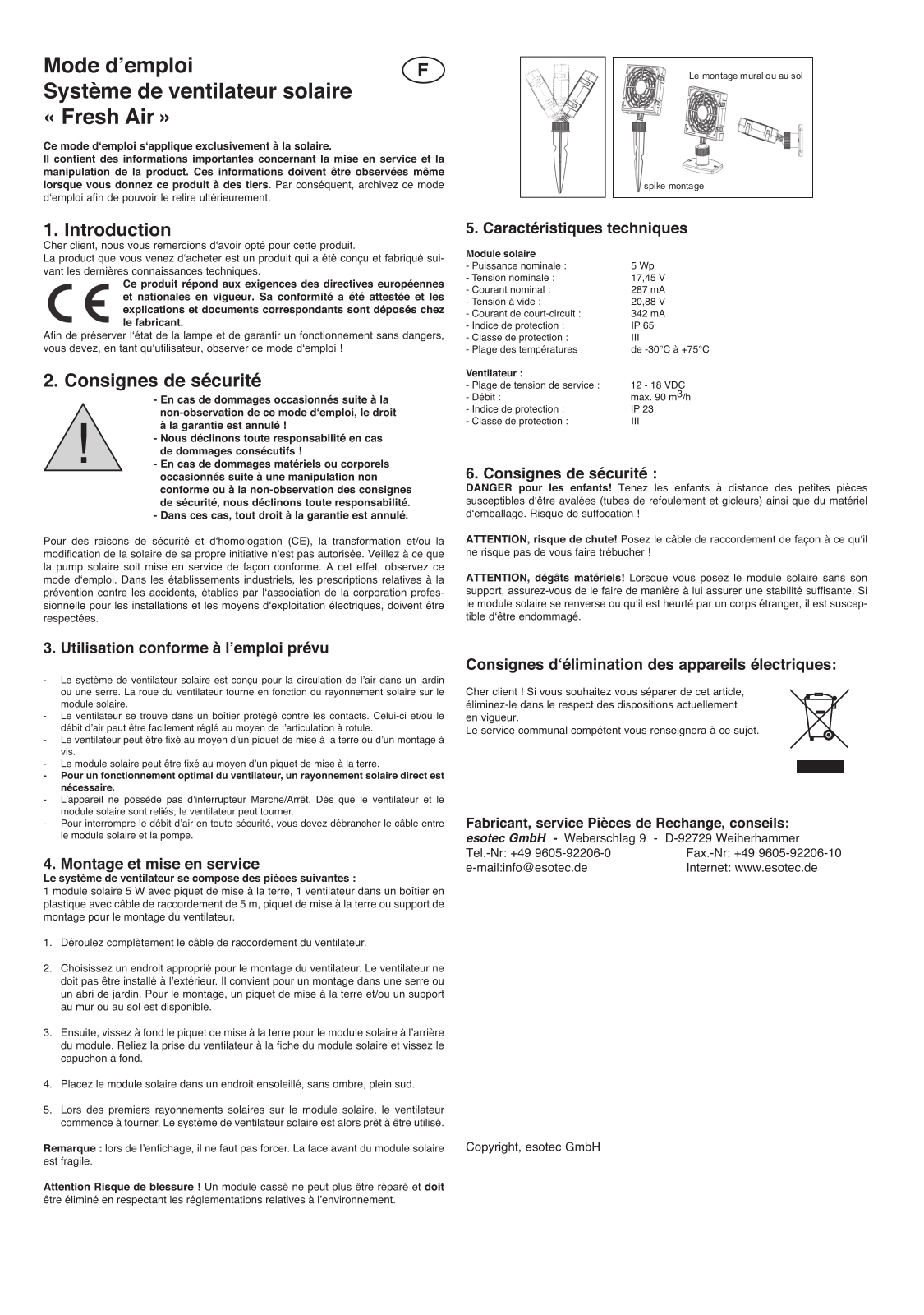 Esotec Fresh Air Operating Manual