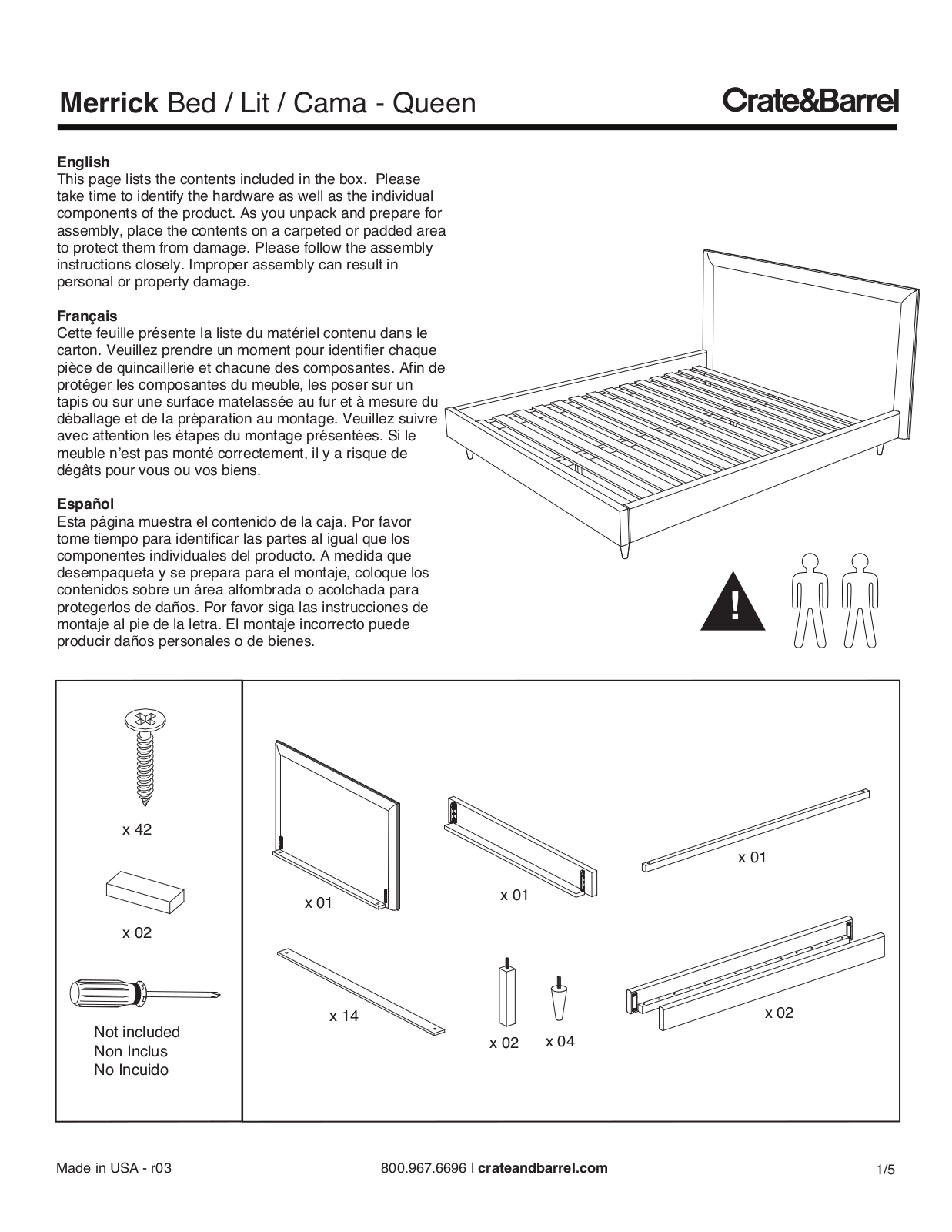 Crate & Barrel Merrick Queen Bed without Footboard Assembly Instruction