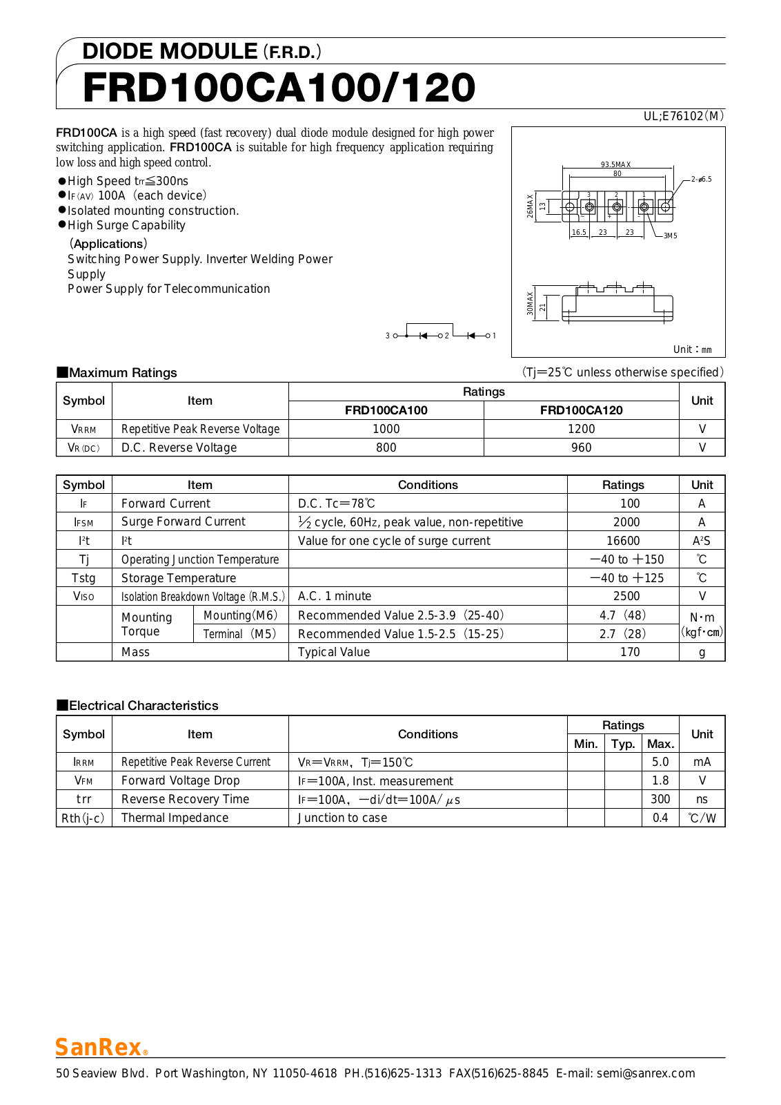 Sanrex-Sansha Electric Manufacturing FRD100CA100, FRD100CA120 Data Sheet