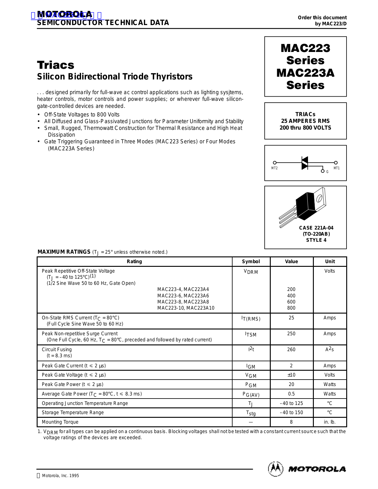 MOTOROLA MAC223 Technical data