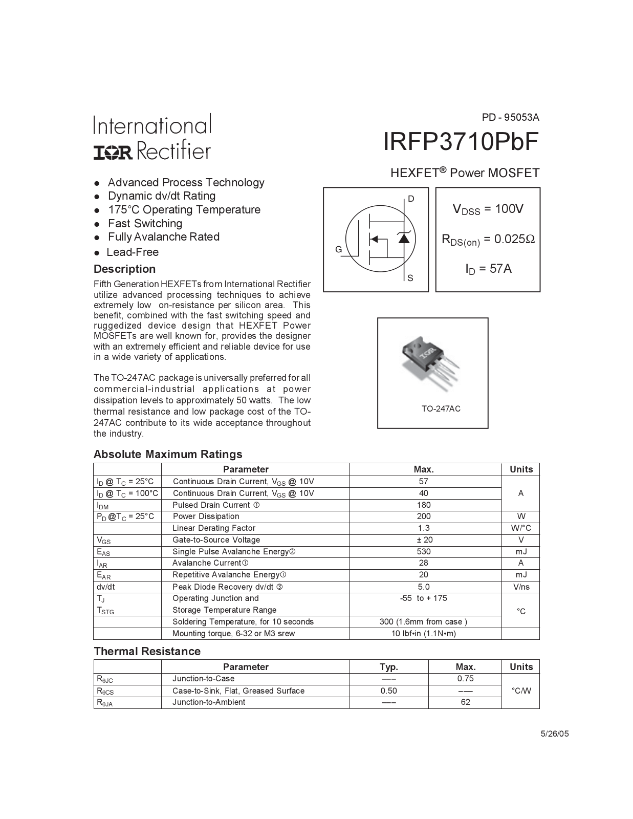 Datasheet IRFP3710PBF Specification - ManualMachine.com
