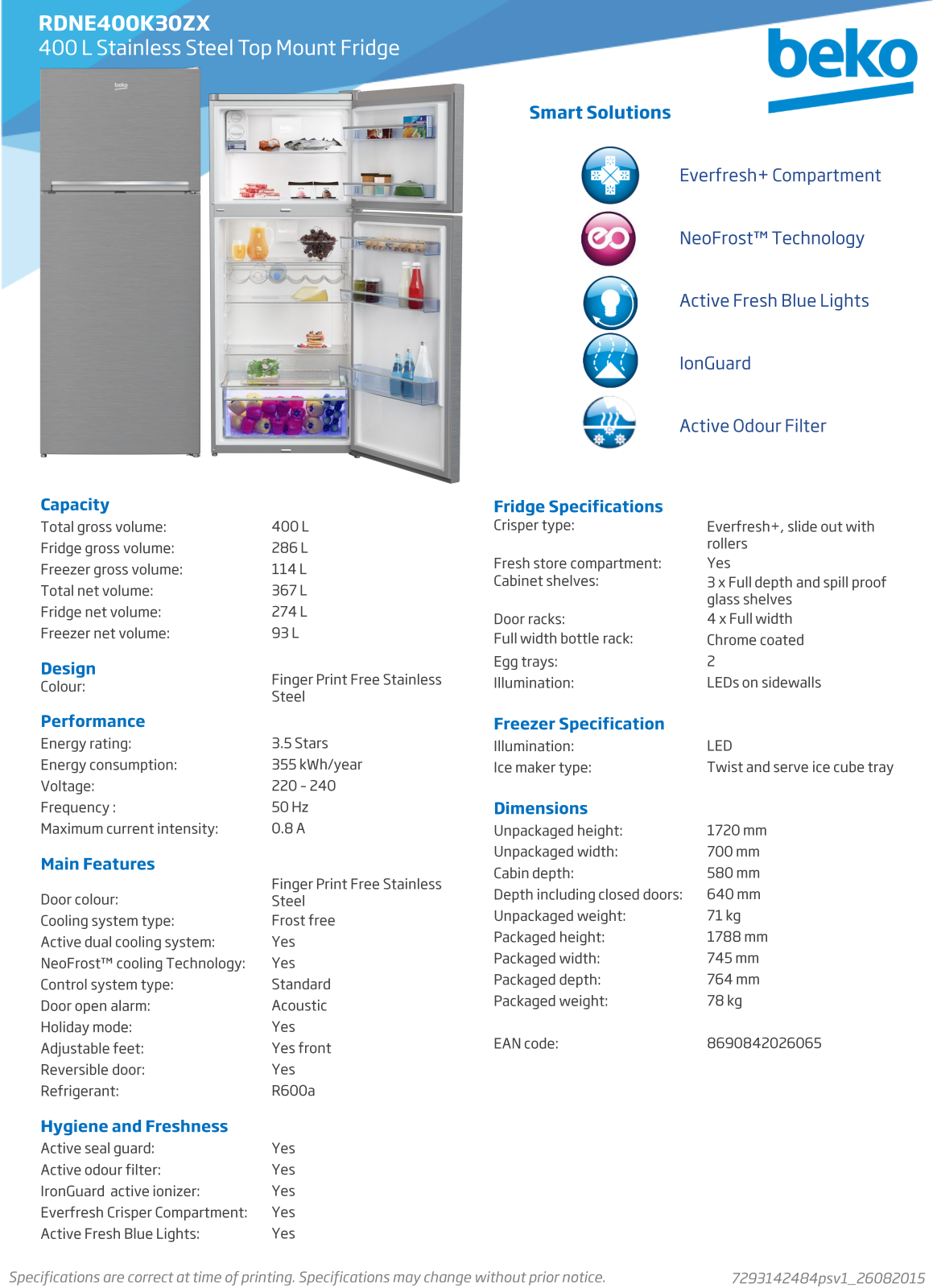 Beko RDNE400K30ZX Specifications Sheet