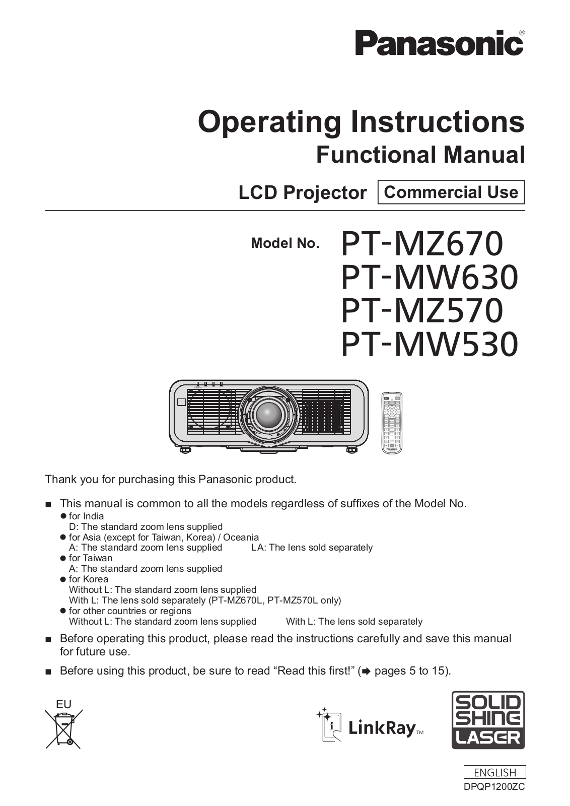 Panasonic PT-MZ670U, PT-MZ570U, PT-MZ570LU, PT-MW630U, PT-MW630LU User Manual