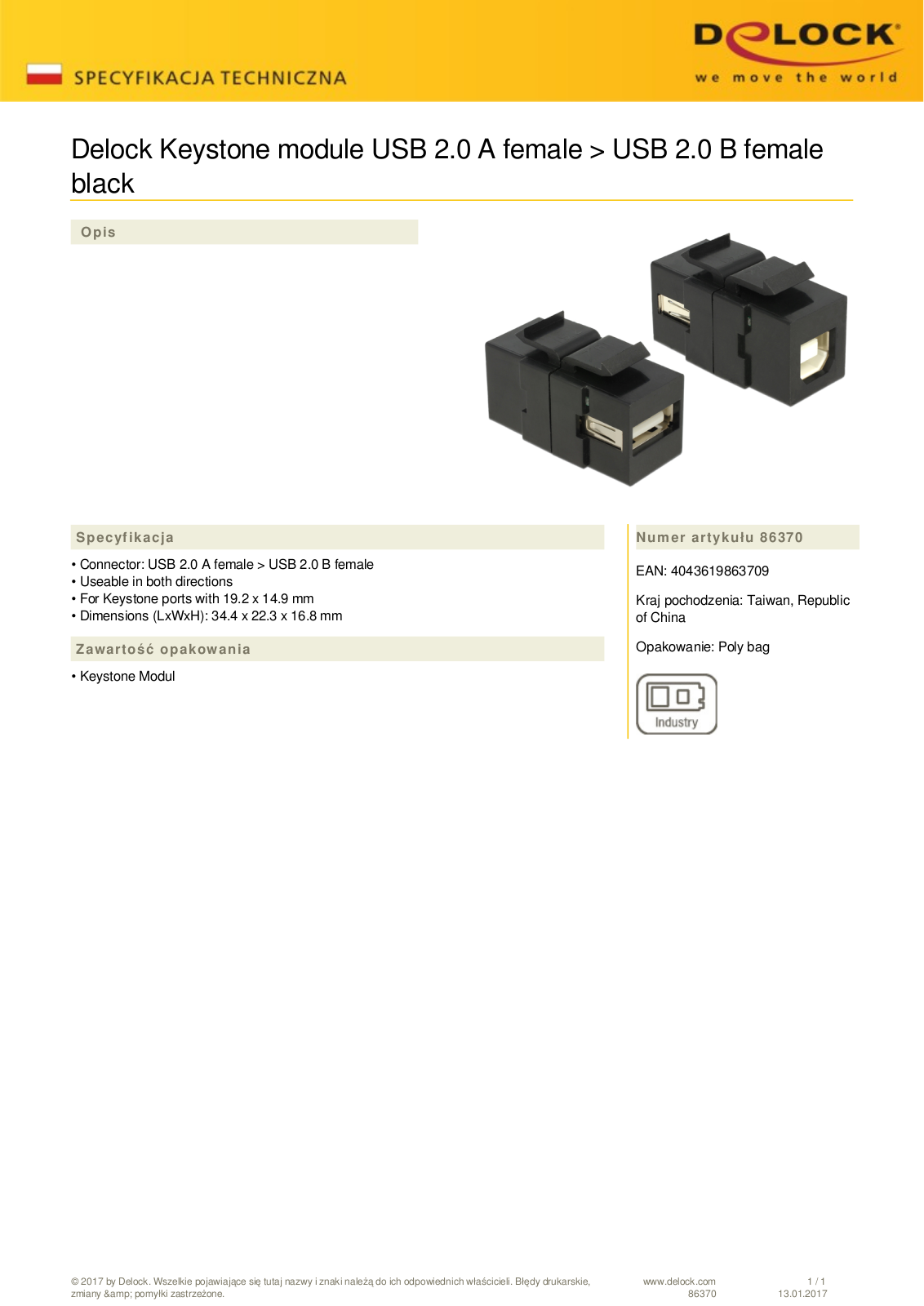 DeLOCK Keystone module USB-A 2.0 socket via USB-B 2.0 socket, black User Manual