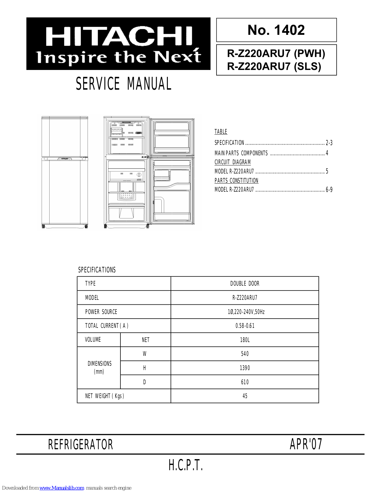 Hitachi R-Z220ARU7, R-Z220ARU7PWH, R-Z220ARU7SLS Service Manual