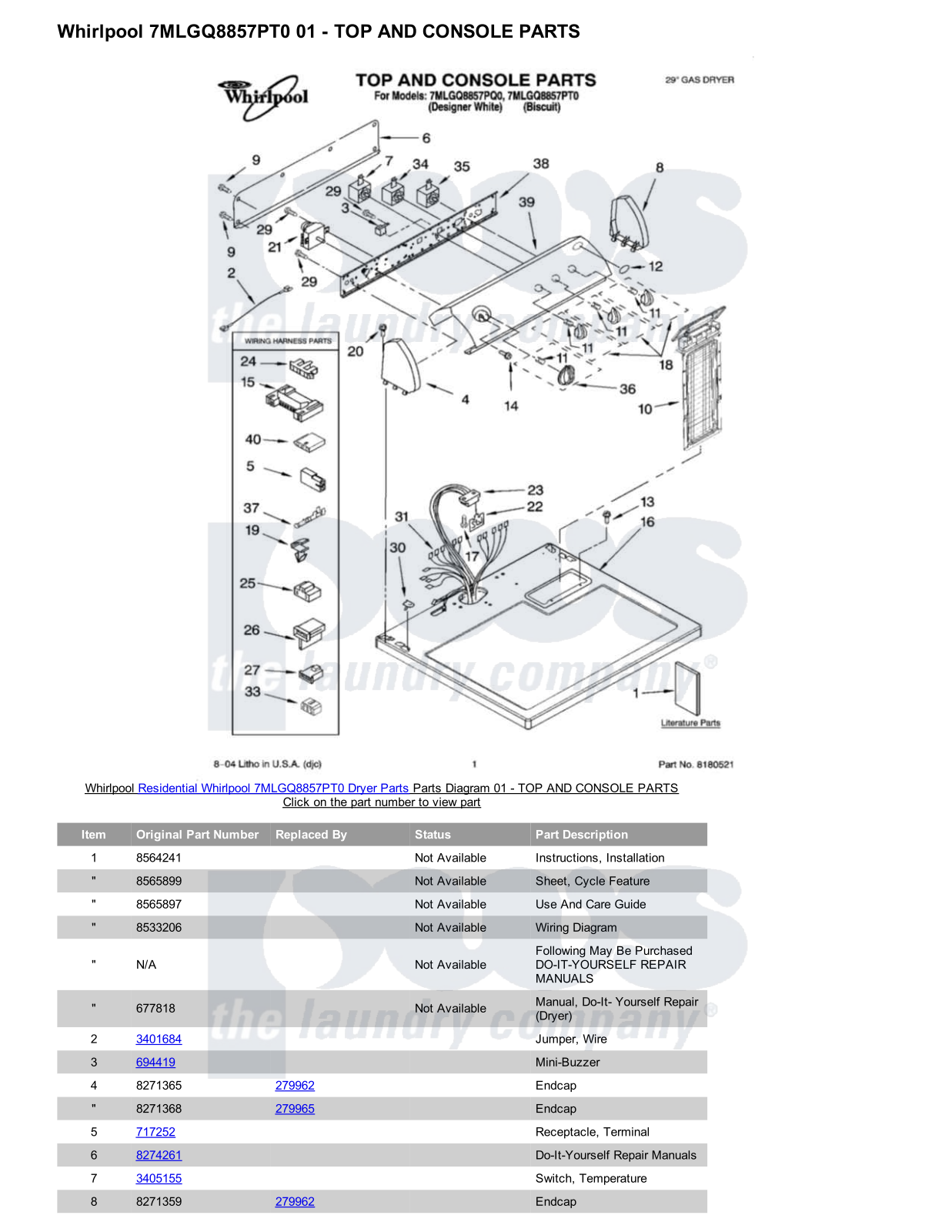 Whirlpool 7MLGQ8857PT0 Parts Diagram