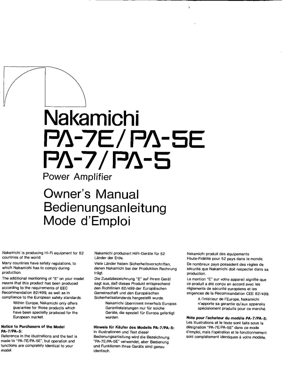 Nakamichi PA-5, PA-7 Owners manual