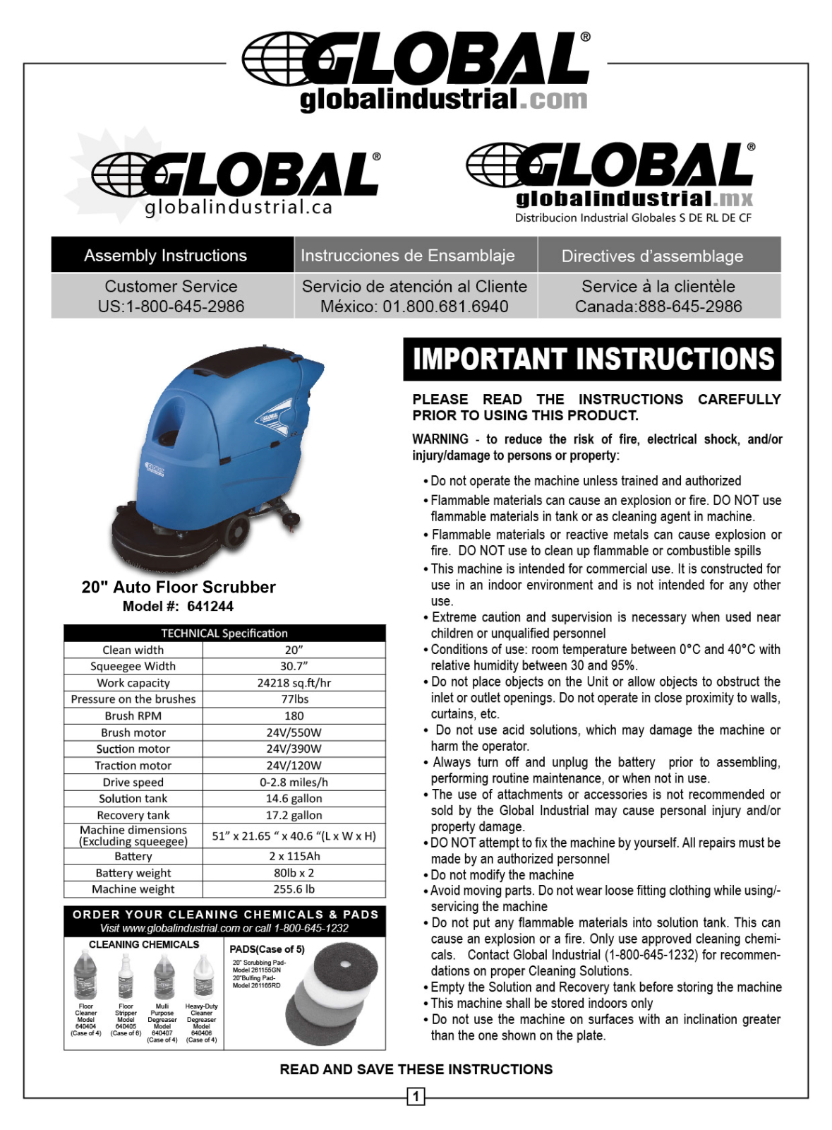 Global Industrial 641244 User Manual