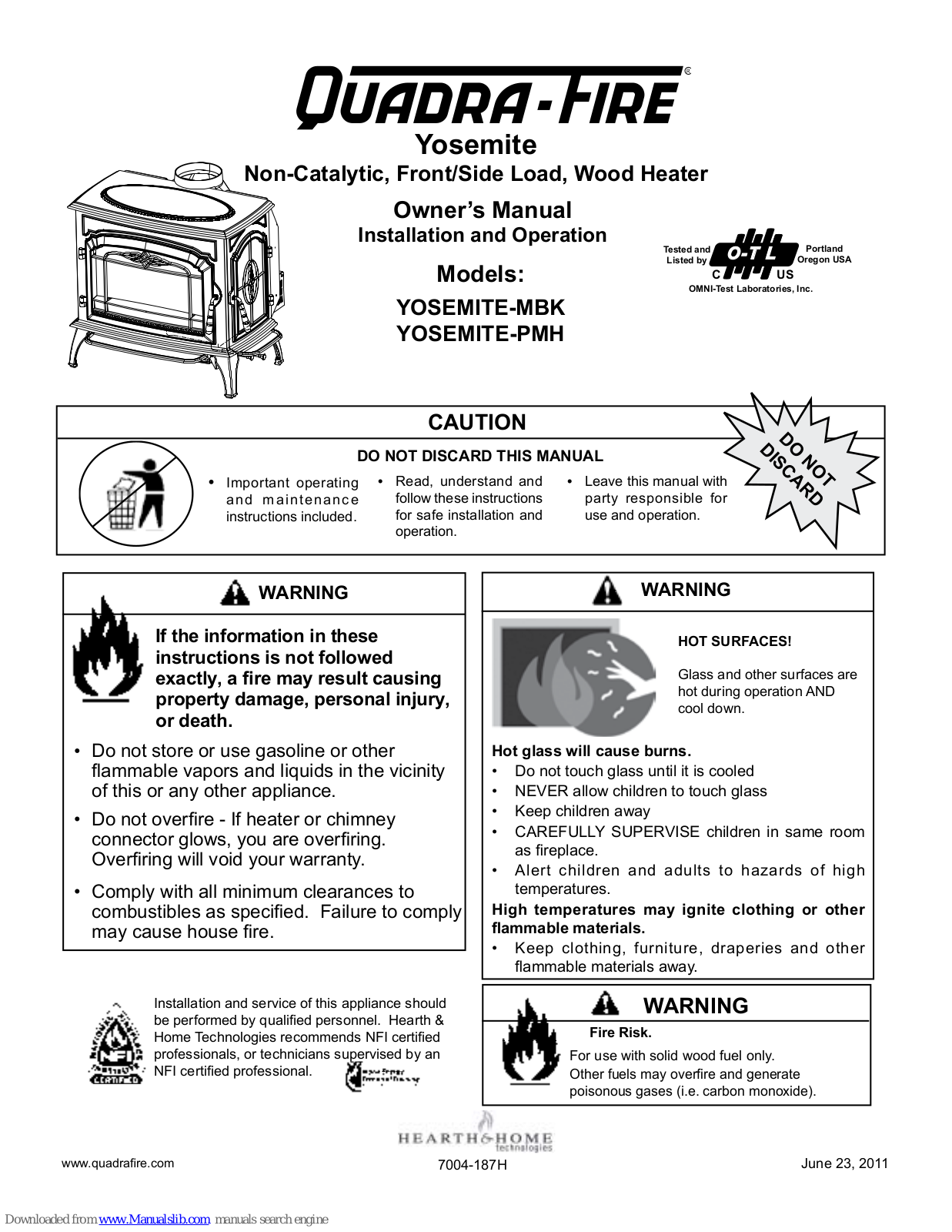 Quadra-Fire YOSEMITE-MBK, YOSEMITE-PMH Owner's Manual