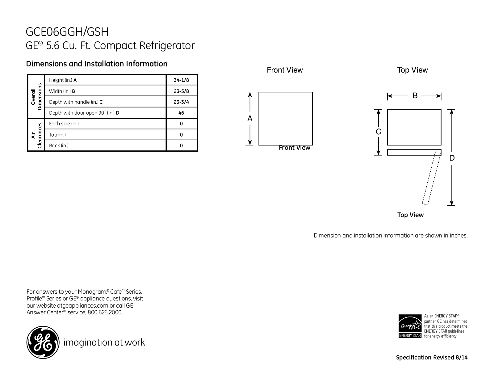 GE GCE06GGHWW Specification Sheet