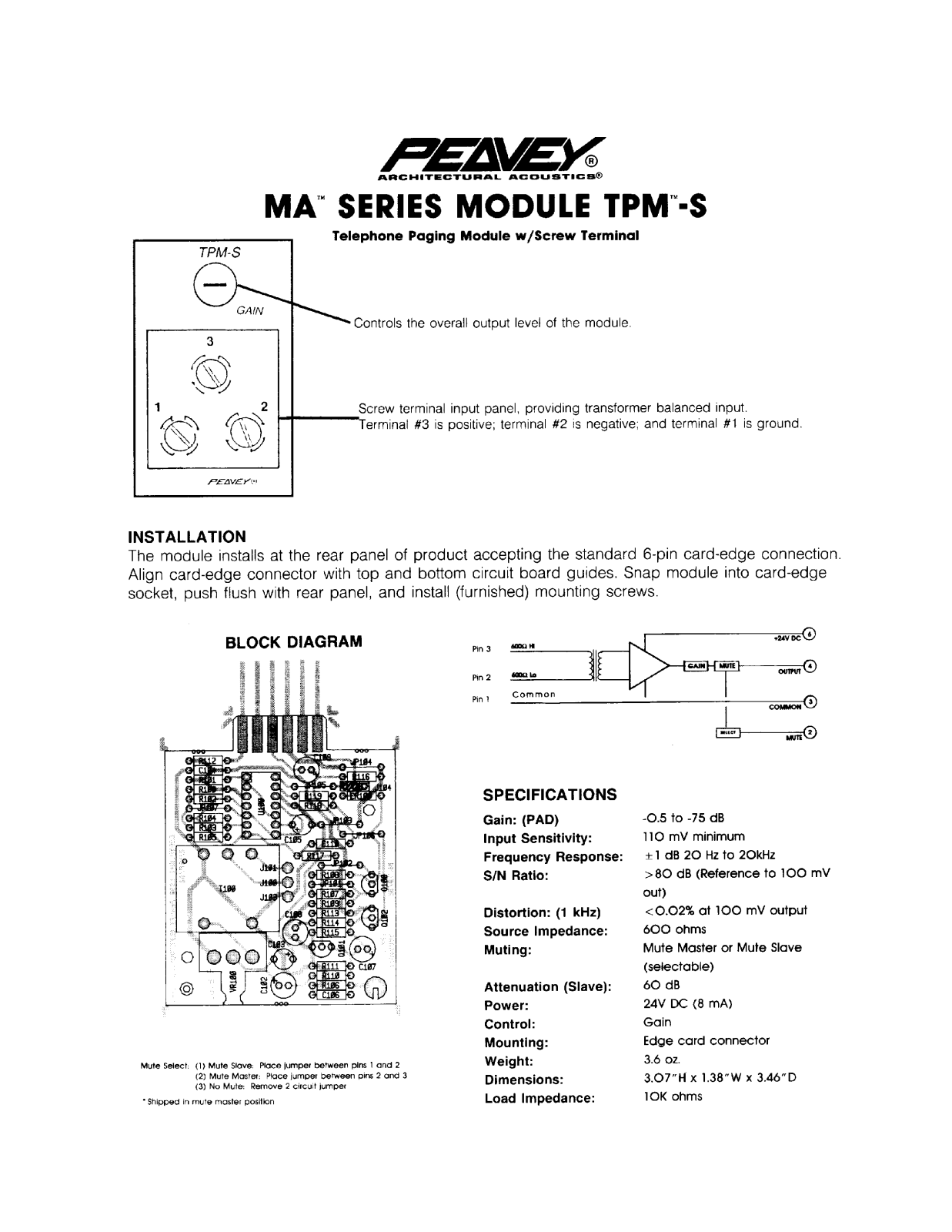 Peavey MA Series MODULE TPM-S INSTALLATION GUIDE