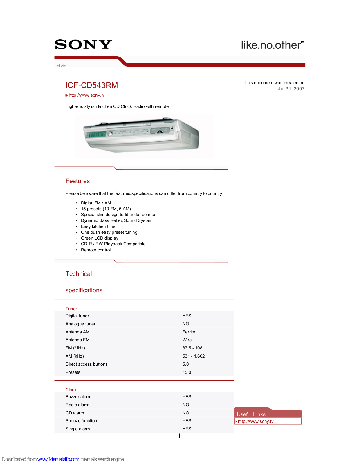 Sony ICFCD543RMS, ICF-CD543RM Specifications