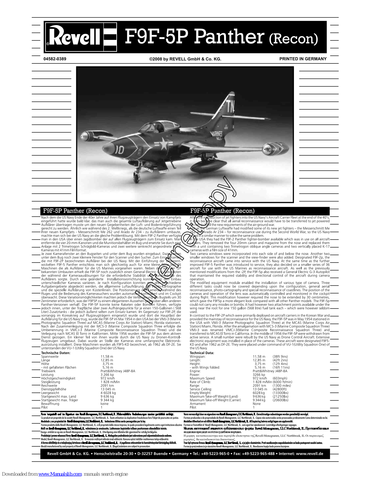 REVELL F9F-5P Panther, Recon Assembly Manual