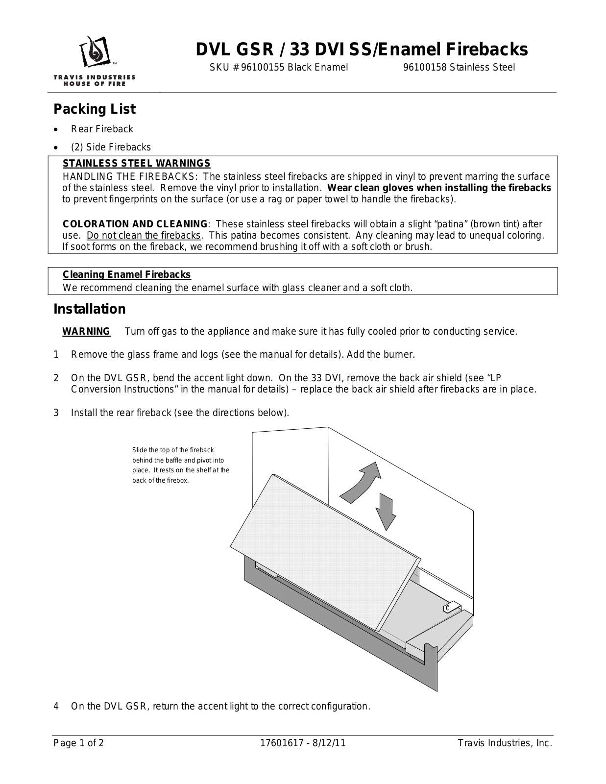 Avalon Firestyles DVL GSR Enamel Firebacks User Manual