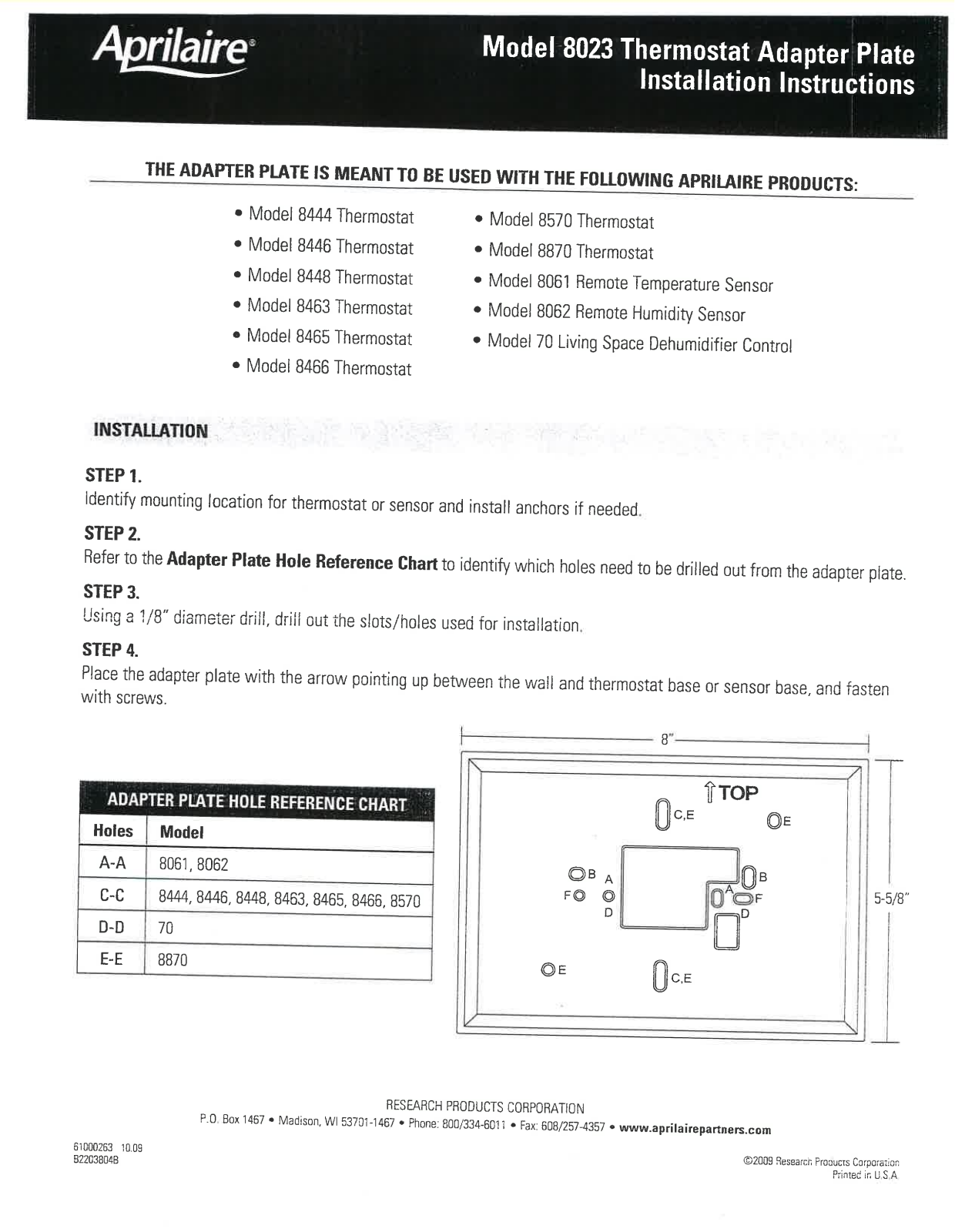 Aprilaire 8023 Installation Manual