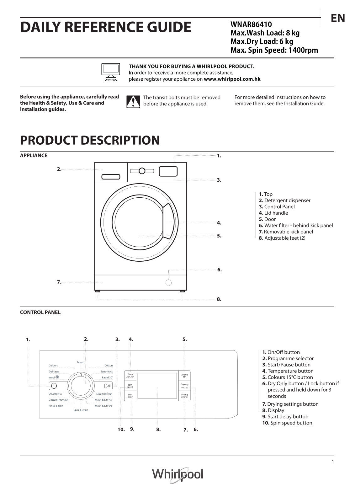 WHIRLPOOL WNAR86410 User Manual