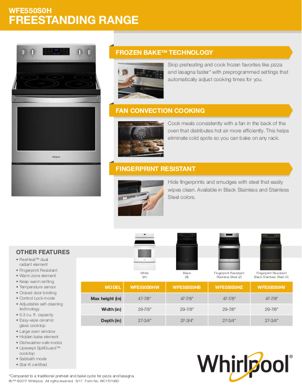 Whirlpool WFE550S0HW, WFE550S0HB, WFE550S0HZ, WFE550S0HV Specification ...