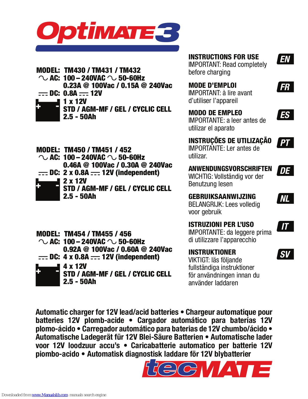 TecMate TM 431, TM451, TM452, TM454, TM455 Instructions For Use Manual