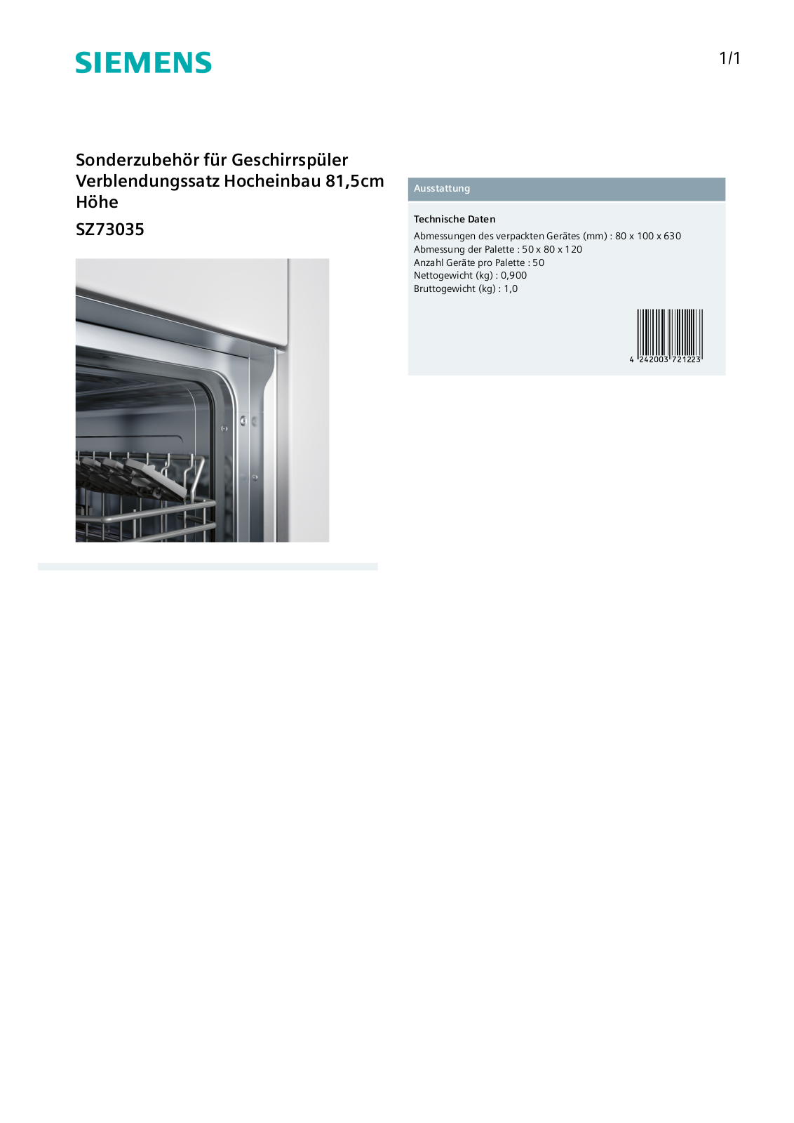 SIEMENS SZ73035 Technical data