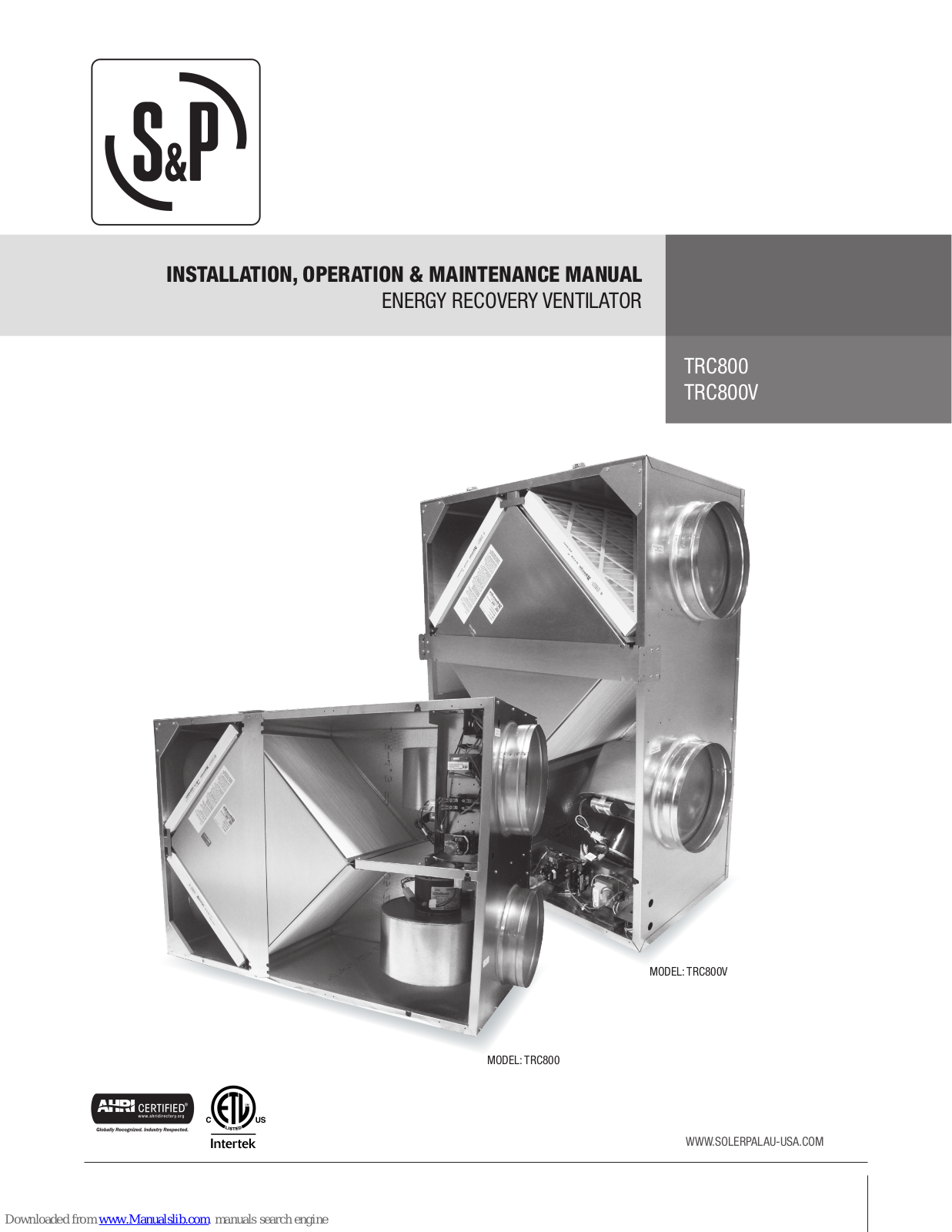 Soler&Palau TRC800, TRC800V Installation, Operation & Maintenance Manual - ManualMachine.com