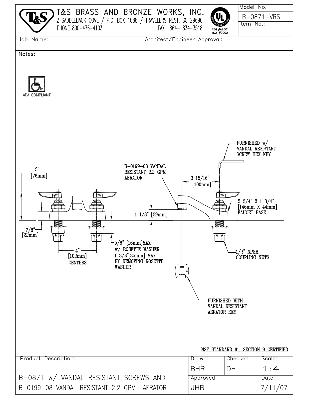 T & S Brass & Bronze Works B-0871-VRS General Manual