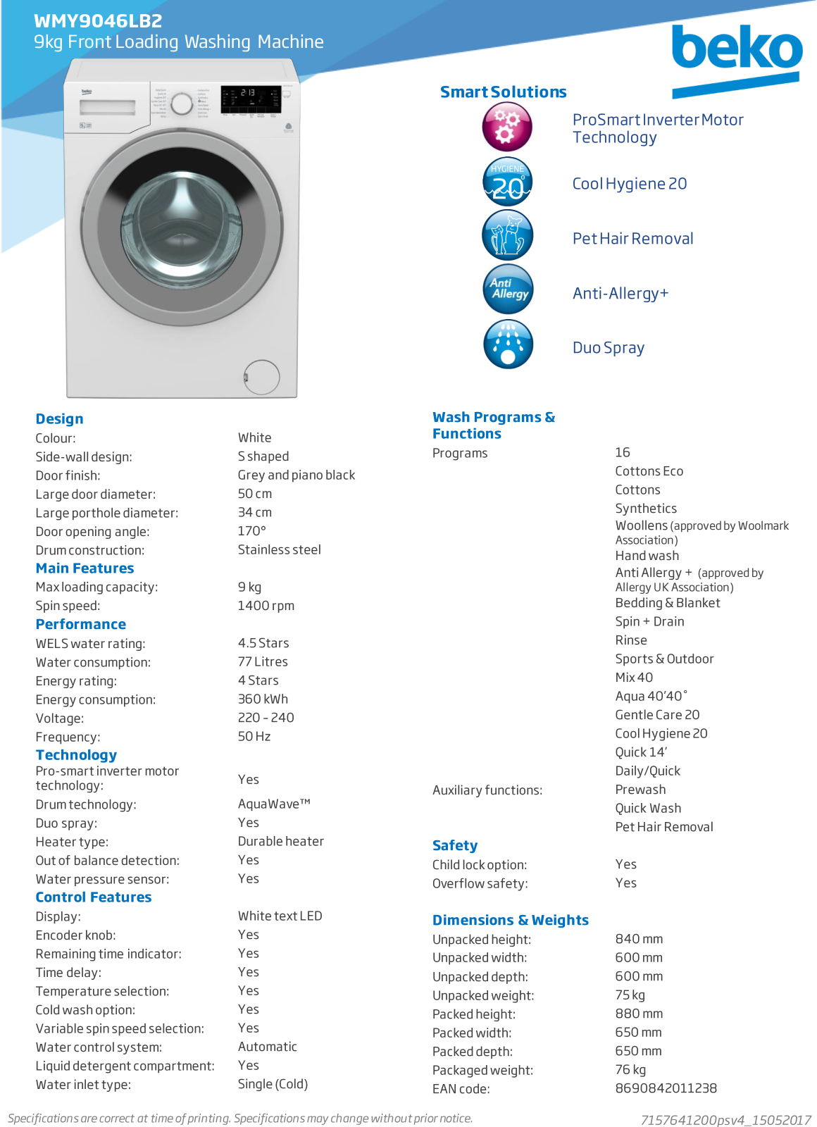 Beko WMY9046LB2 Specifications Sheet