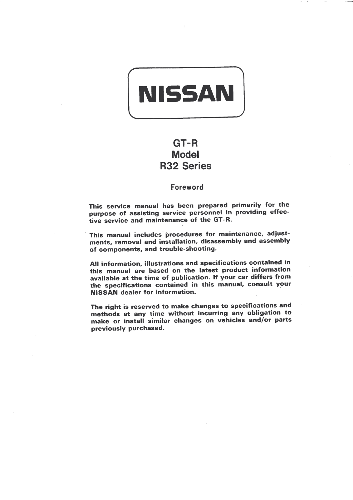 Nissan Skyline R32, Skyline, GT-R GT R User Manual