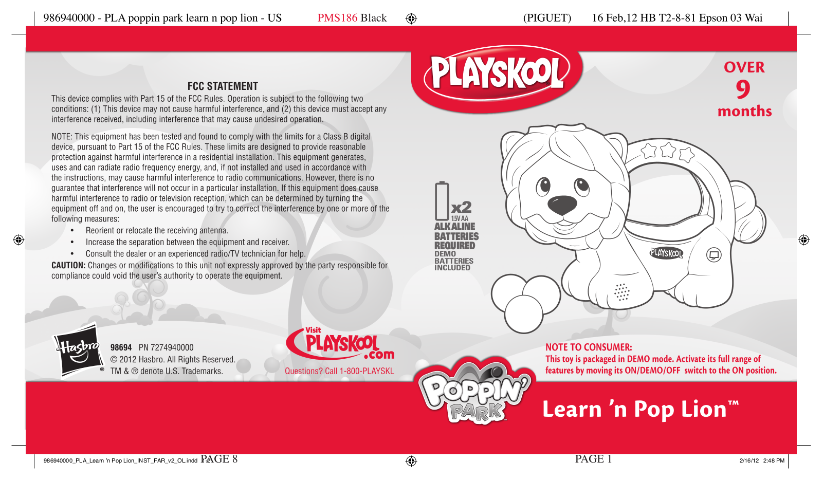 HASBRO Learn'n Pop Lion User Manual