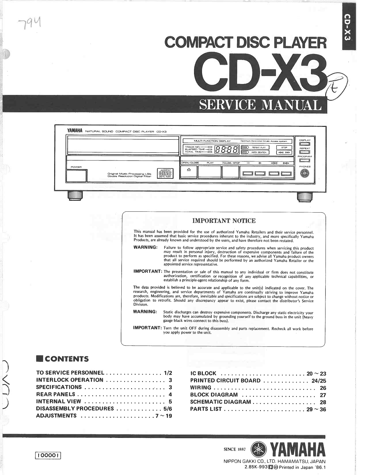 Yamaha CD-X3 Service Manual