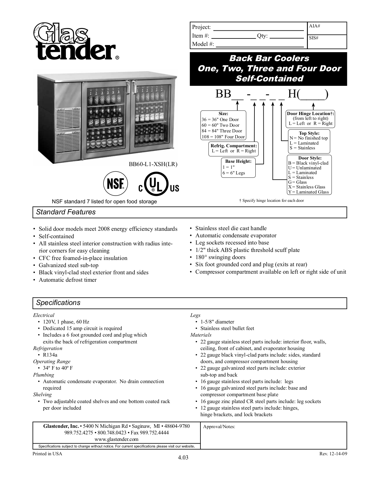 Glastender BB60-L1-XSH-LR, BB108 Installation  Manual