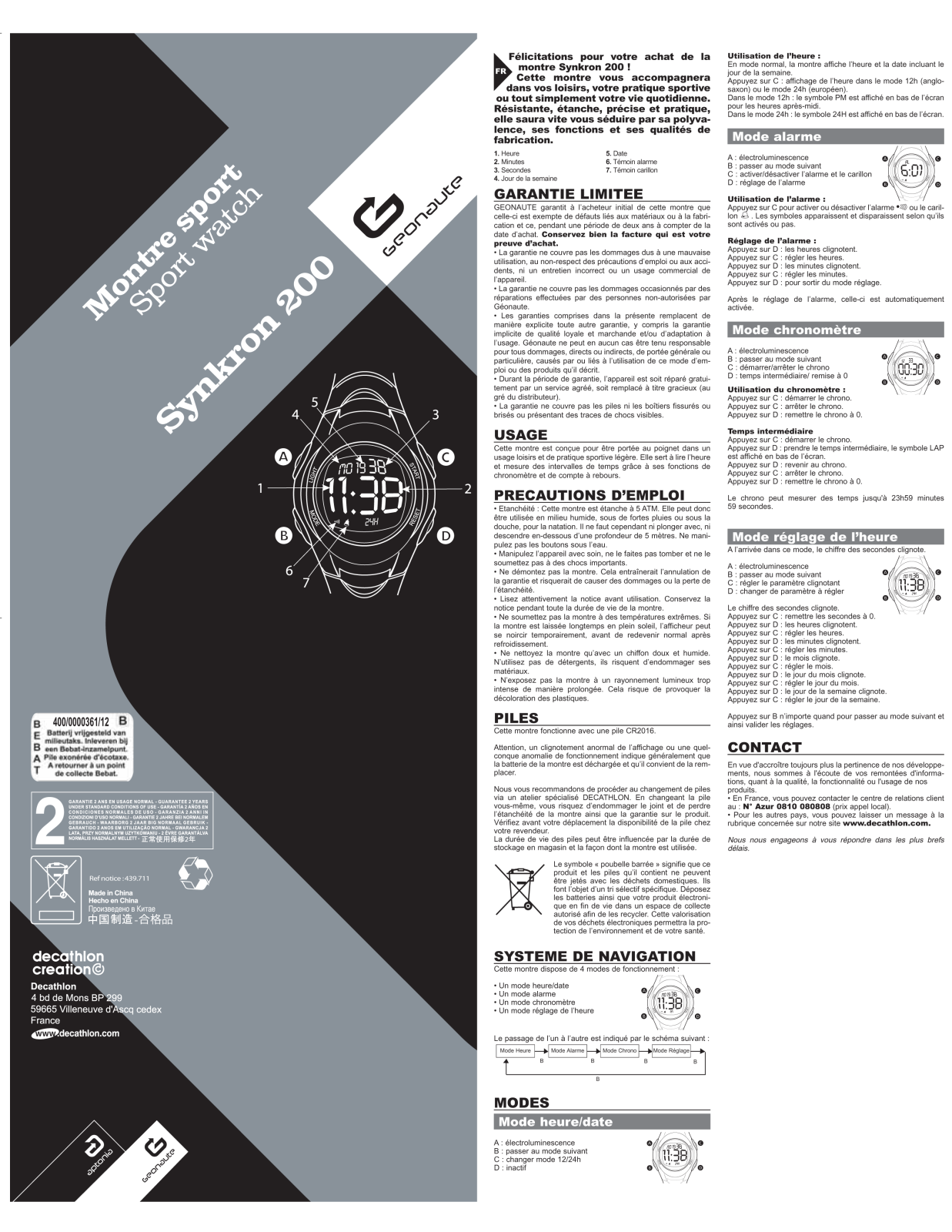 GEONAUTE MONTRE SPORT SYNKRON 200 User Manual