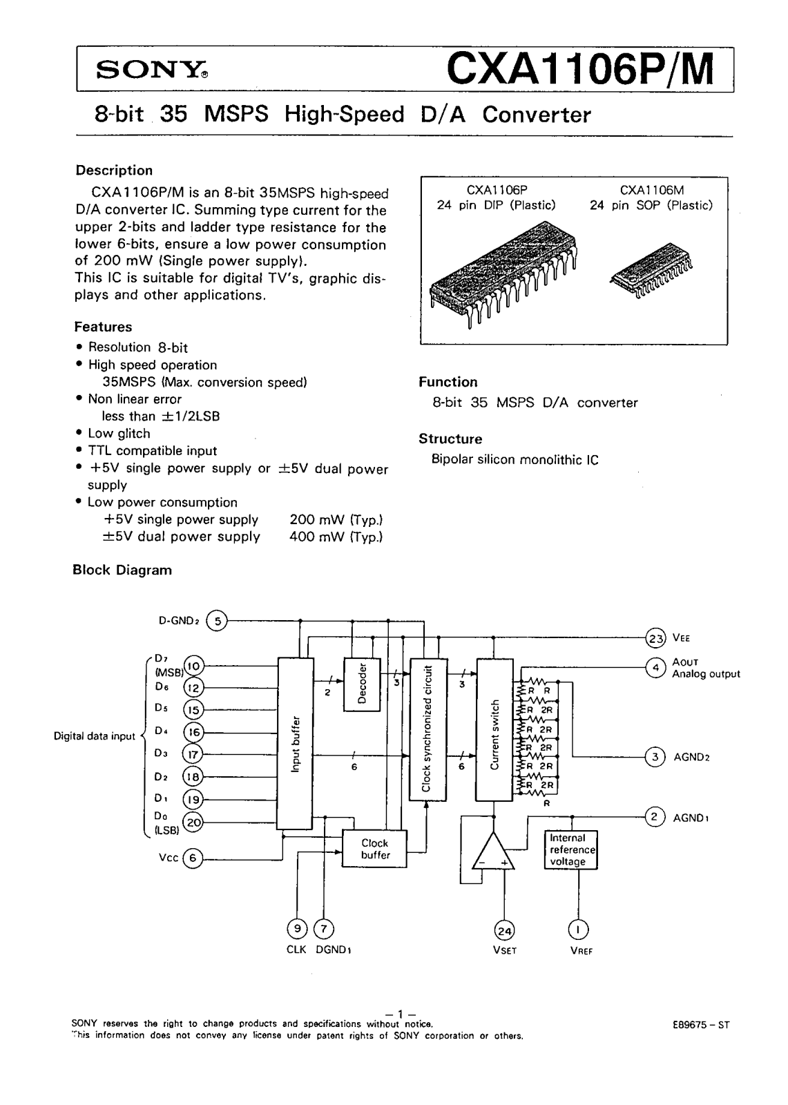 Sony CXA1106P, CXA1106M Datasheet