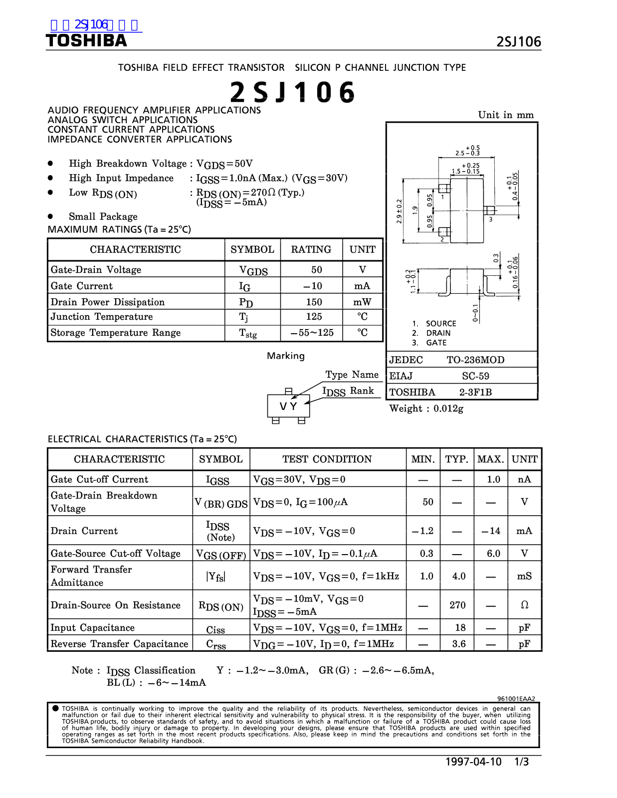 TOSHIBA 2SJ106 Technical data