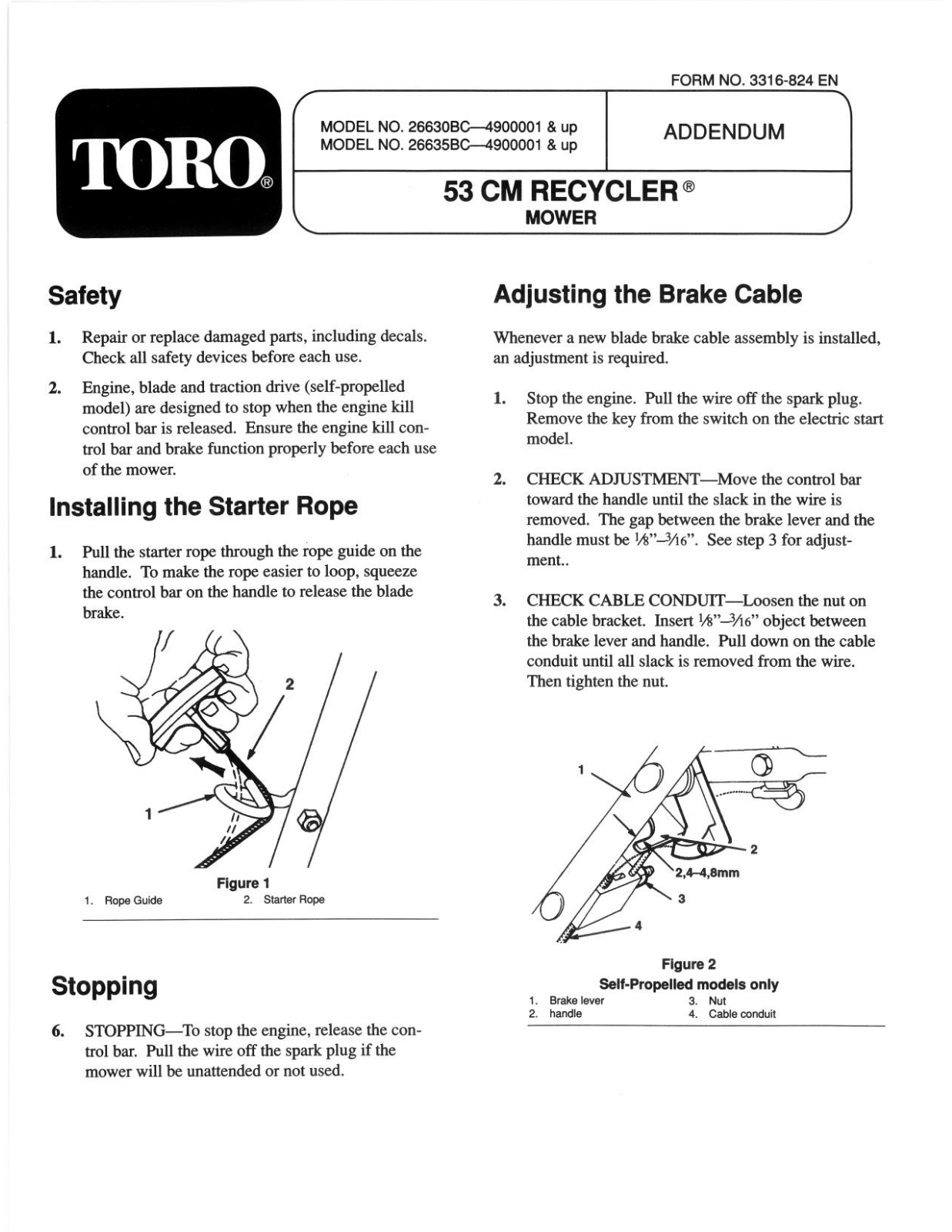 Toro 26630BC, 26635BC Addendum