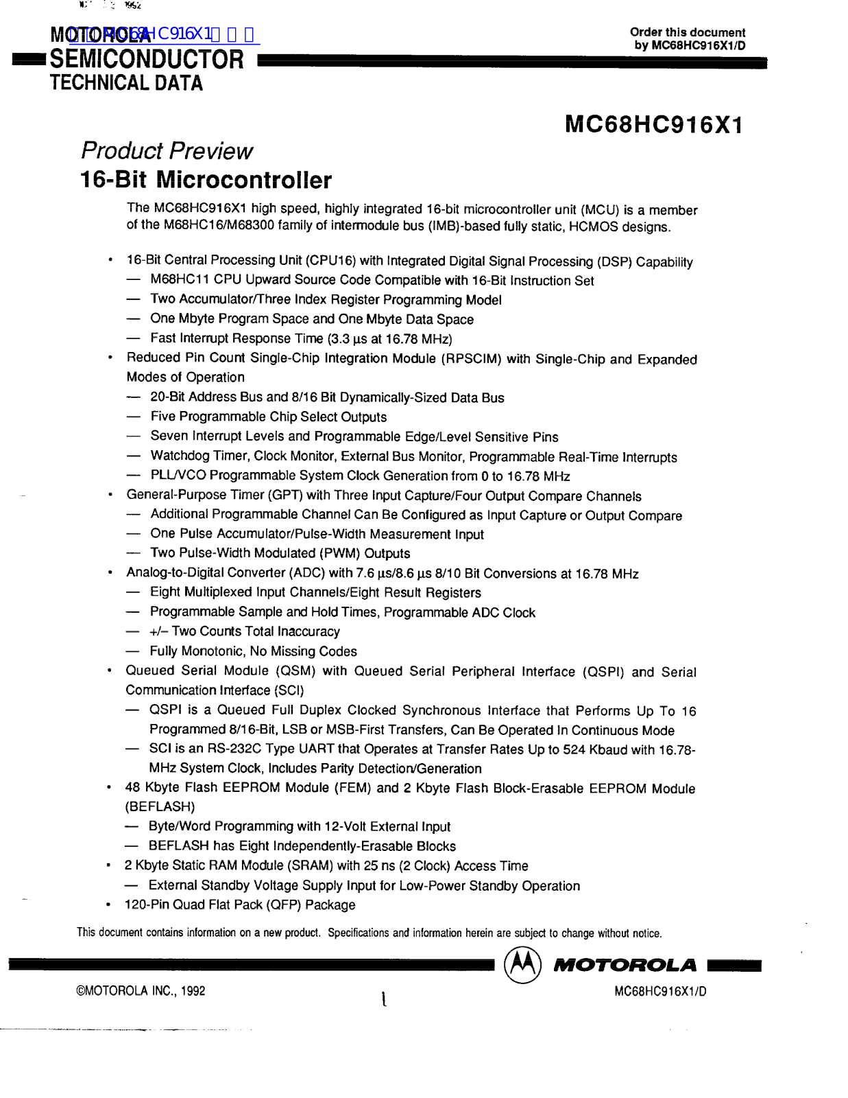 MOTOROLA MC68HC916X1 Technical data