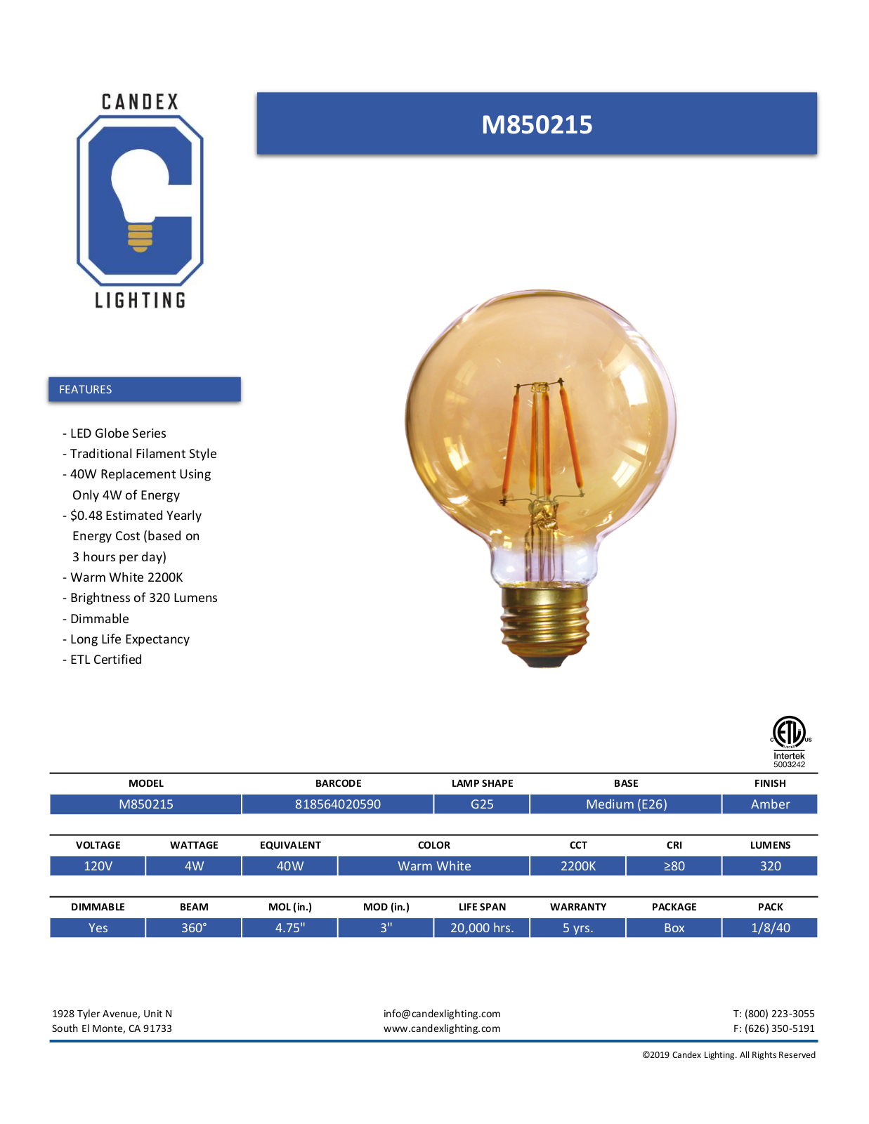 Candex Lighting CNDX1019 Specifications - ManualMachine.com