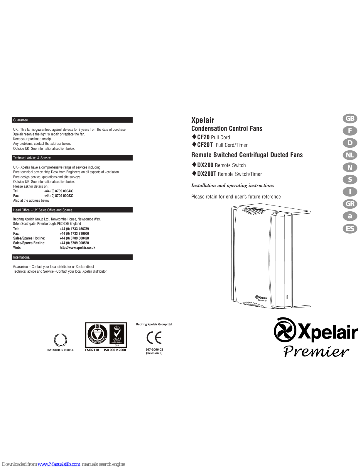 Xpelair CF20, CF20T, DX200, DX200T Installation And Operating Instructions Manual