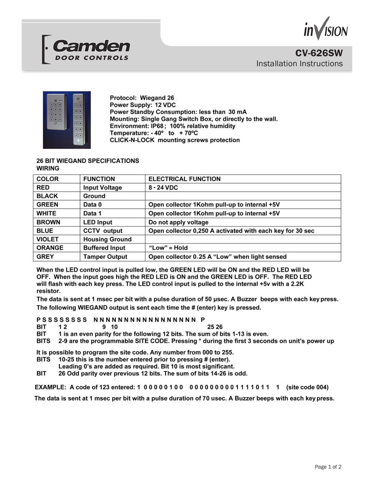 Camden Door Controls CV-626SW Installation Instructions