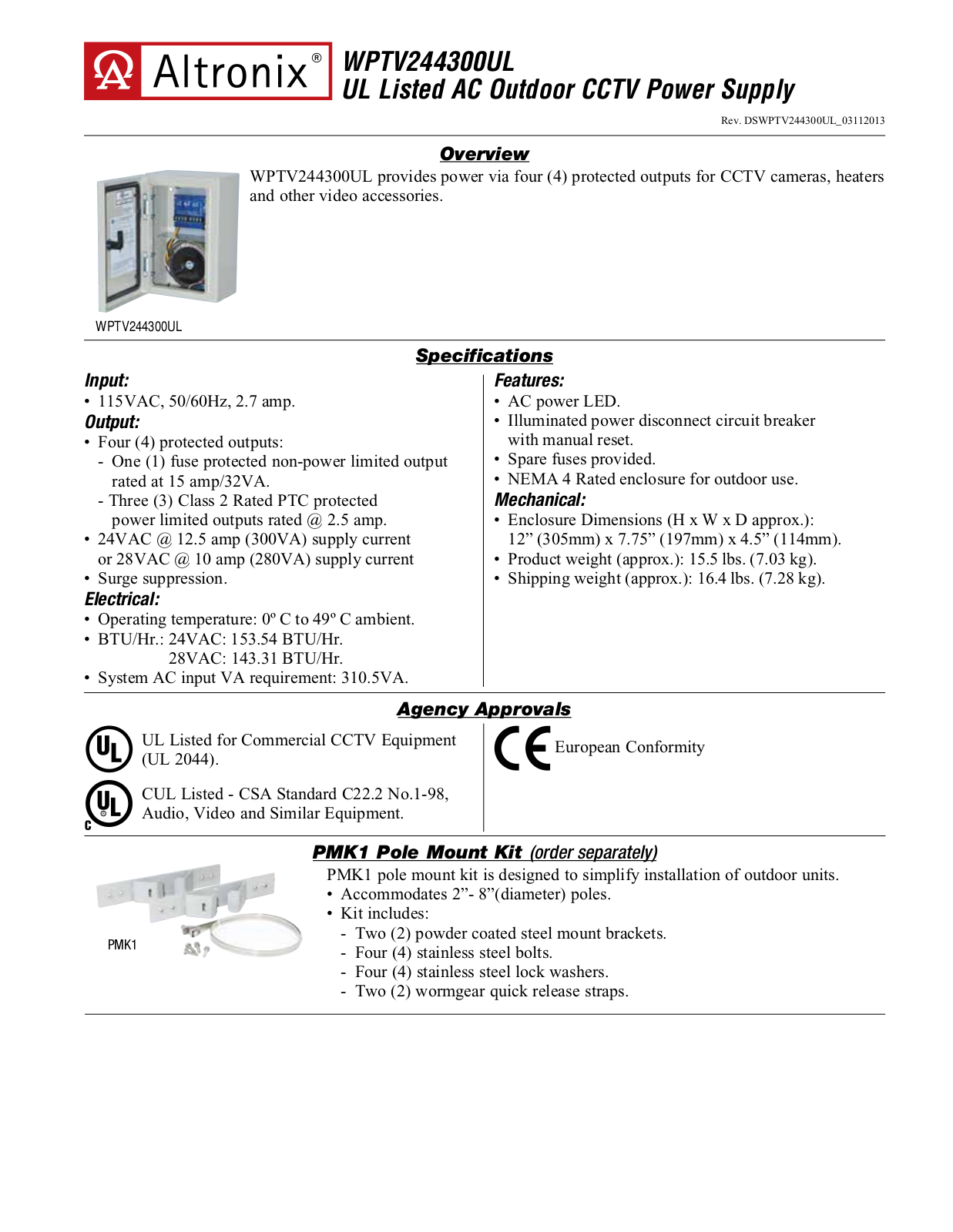 Altronix WPTV244300UL Data Sheet