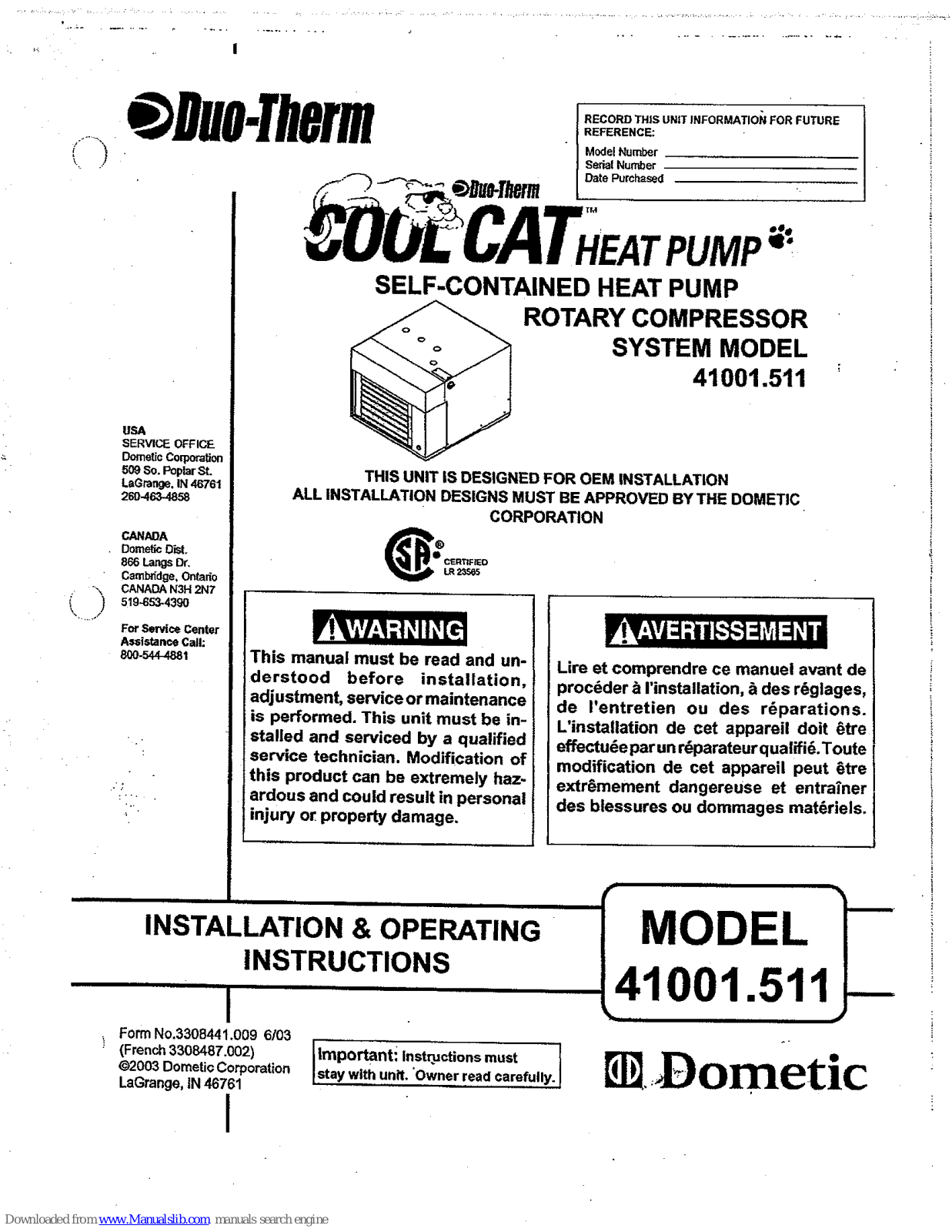 Duo-Therm Cool Cat 410001.511 User Manual