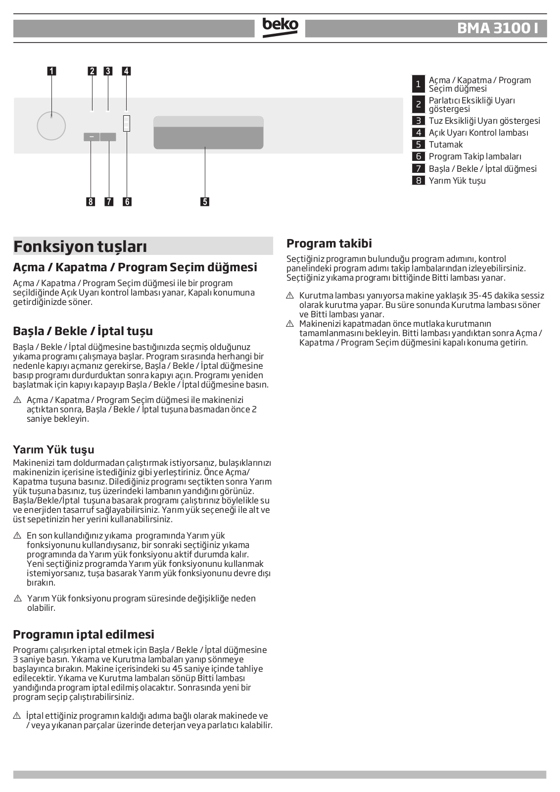 Beko BMA 3100 I QUICK REFERENCE GUIDE